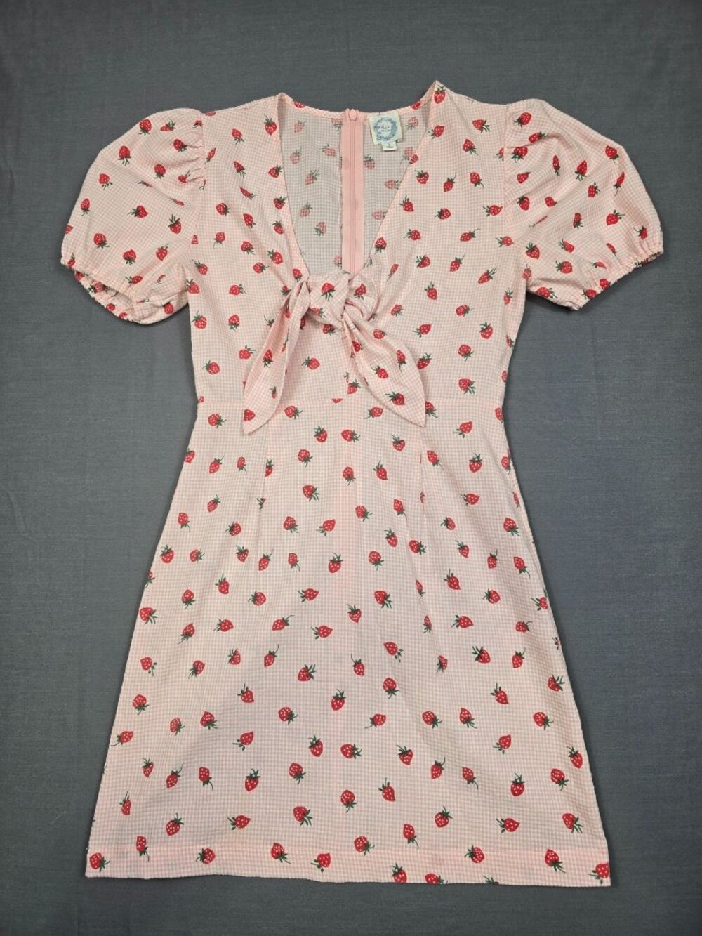 Blue Rain Small Strawberry Pink Gingham Dress Puff Sleeves Tie Front Cottagecore